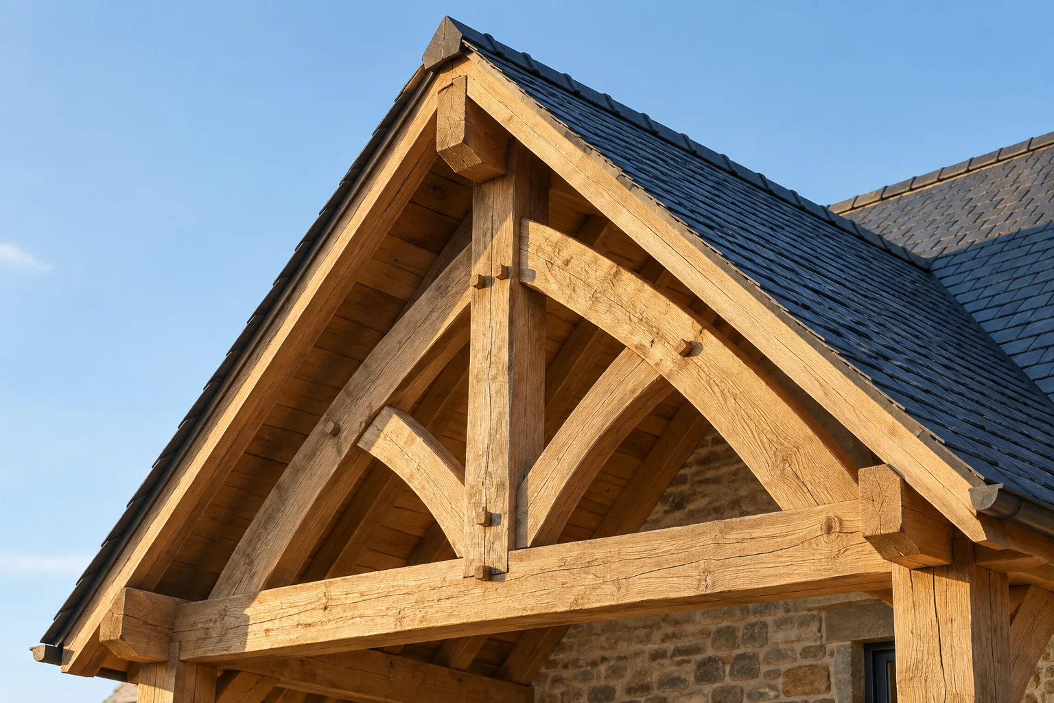 Illustration d’une charpente traditionnelle en bois massif sous une toiture en ardoise