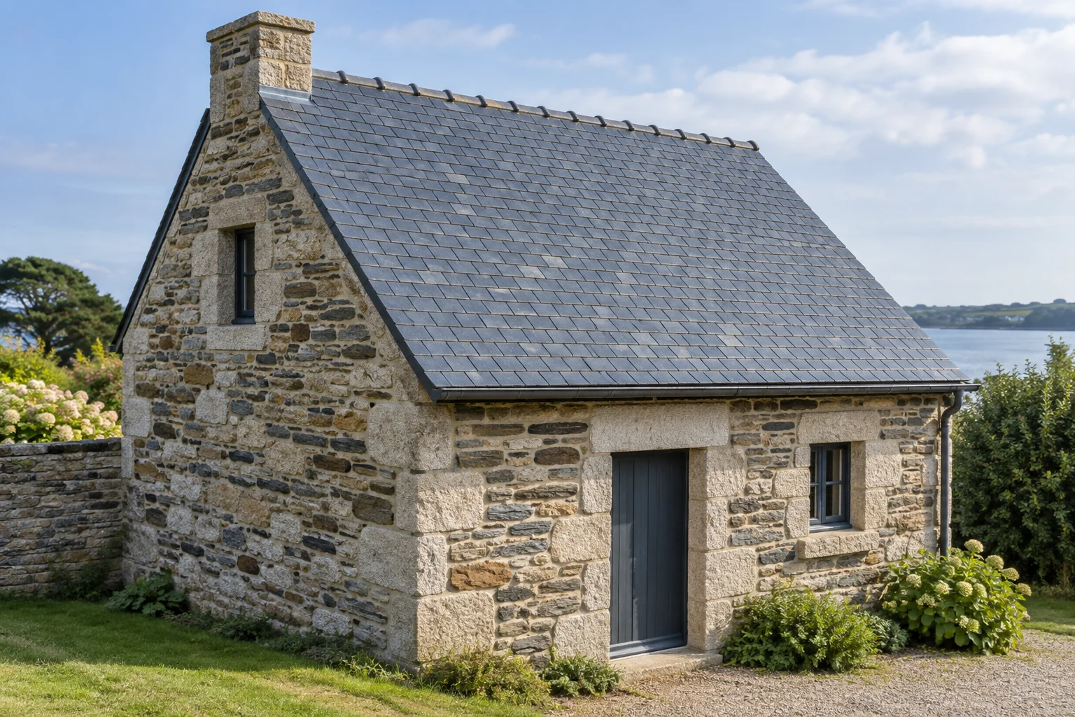 Illustration d’une toiture en ardoise sur une dépendance bretonne en granite et schiste